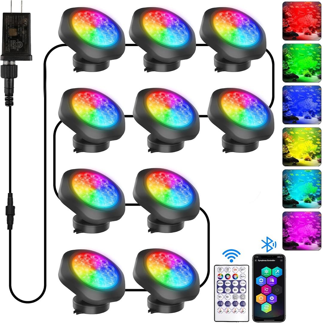 T-SUN Submersible RGB LED Pond Lights IP68 Waterproof Fountain Lights with Smart App & Remote, 16 Million Colors Underwater Lighting for Koi Ponds/Garden Water Features Aquarium (10-Pack)