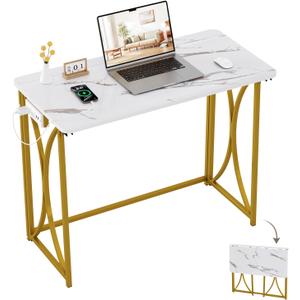 Folding Desk, 31.5" Small Desk for Bedroom with Power Outlet, Space Saving Foldable Computer Desk for Home Office, Easy Assembly, White and Gold