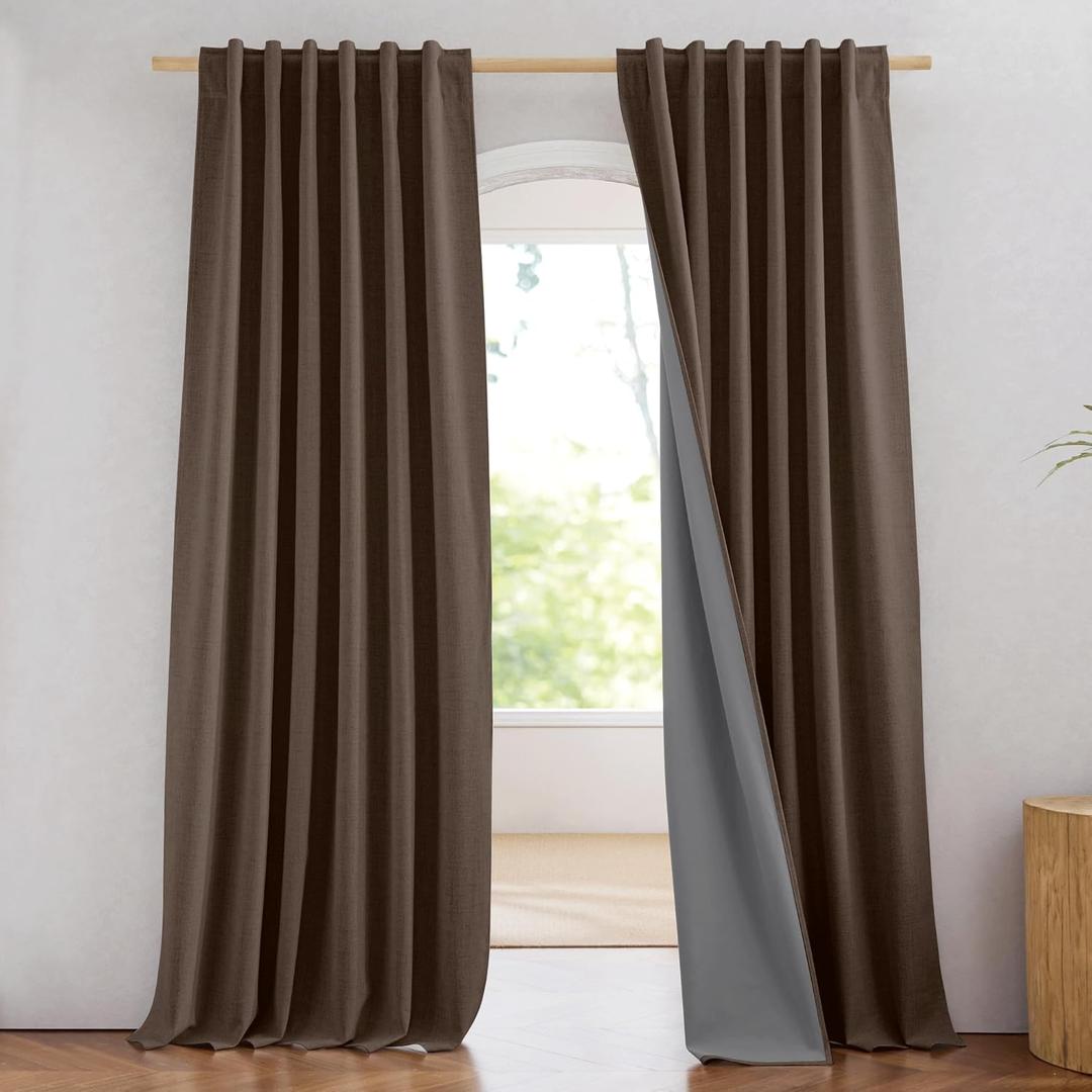 NICETOWN Coffee Vintage Linen 100% Blackout Curtains for Living Room, W52 x L90 in, Set of 2, Thermal Insulated Curtains with Light Blocking Liner, Noise Reducing Window Treatments for Home Cinema