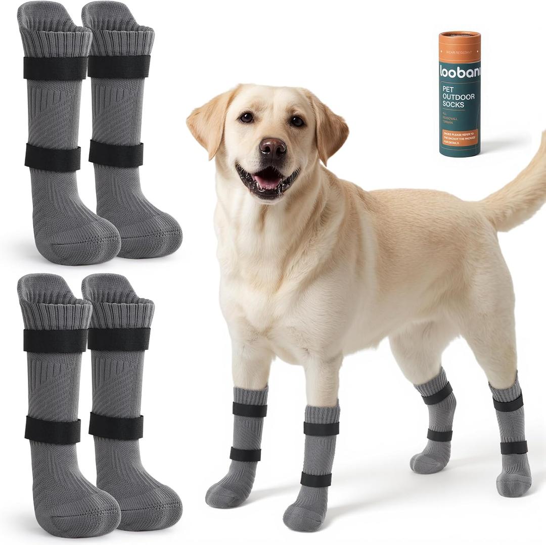 LOOBANI Outdoor Dog Socks Boots to Prevent Licking Paws, Dog Socks for Winter Hot Pavement, Dog Booties for Large Senior Dogs, Dog Boots & Paw Protectors with Straps (Gray, L)