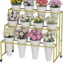 Flower Stand, 3-Tier Flower Display Stand with Buckets for Indoor Outdoor, Flower Cart Display Stand with Wheels for Courtyard, Balcony, Flower Shop, Wedding, Party, Exhibition (Gold)