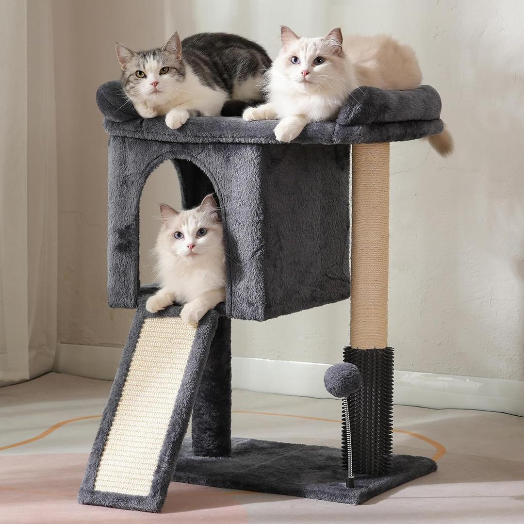 Cat Tree for Large Cats with Scratching Post, Small Cat Tower with Spacious Top Bed 20x13.8 Private Cat Condo and Ramp and Self Groomer and Spring Ball-Dark Grey