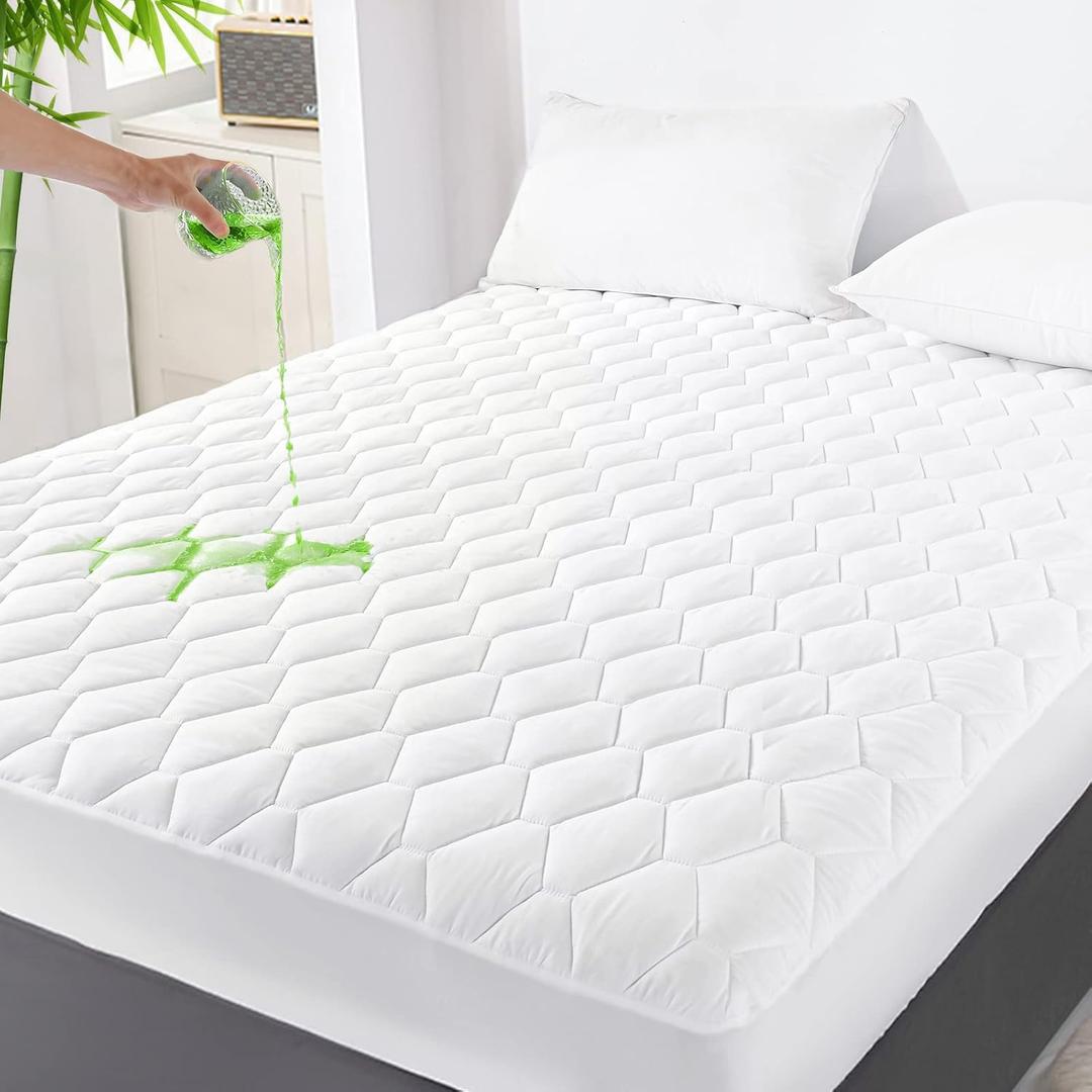 GRT California King Mattress Protector Waterproof, Rayon from Bamboo, Cooling Quilted Fitted Mattress Pad, Noiseless Waterproof Mattress Cover, Fits Up To 21" Deep, Dust Proof White