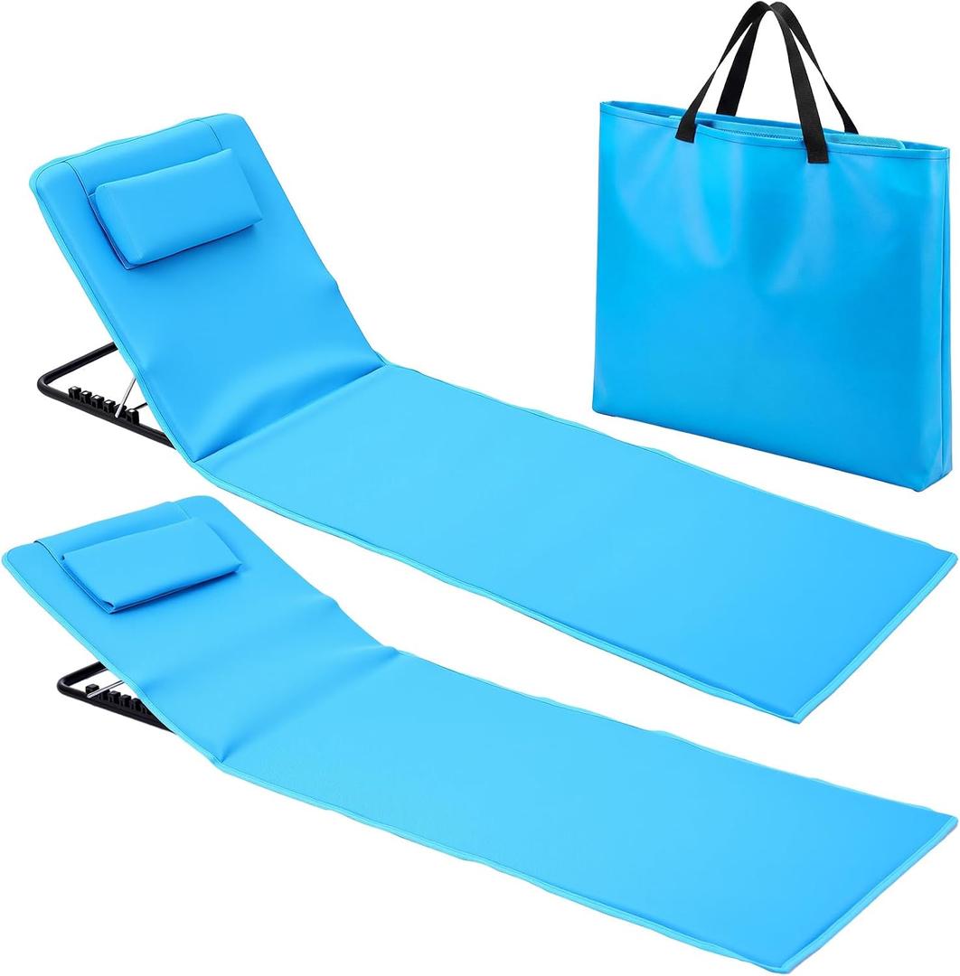 Karenhi 2 Pack Adjustable Beach Lounge Mats with Backrest 5-Position Folding Tanning Chair Lightweight Portable Outdoor Chaise 330.7lbs for Patio Camping Pool Garden (Sky Blue), 59.84 x 19.29 inches