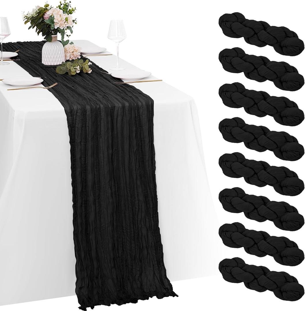 8 Pack Black Cheesecloth Table Runners 20x120 Inch Gauze Table Runner Cheese Cloth 10FT Black Table Runner Rustic Sheer Runner for Wedding Baby Shower Birthday Party Table Decor