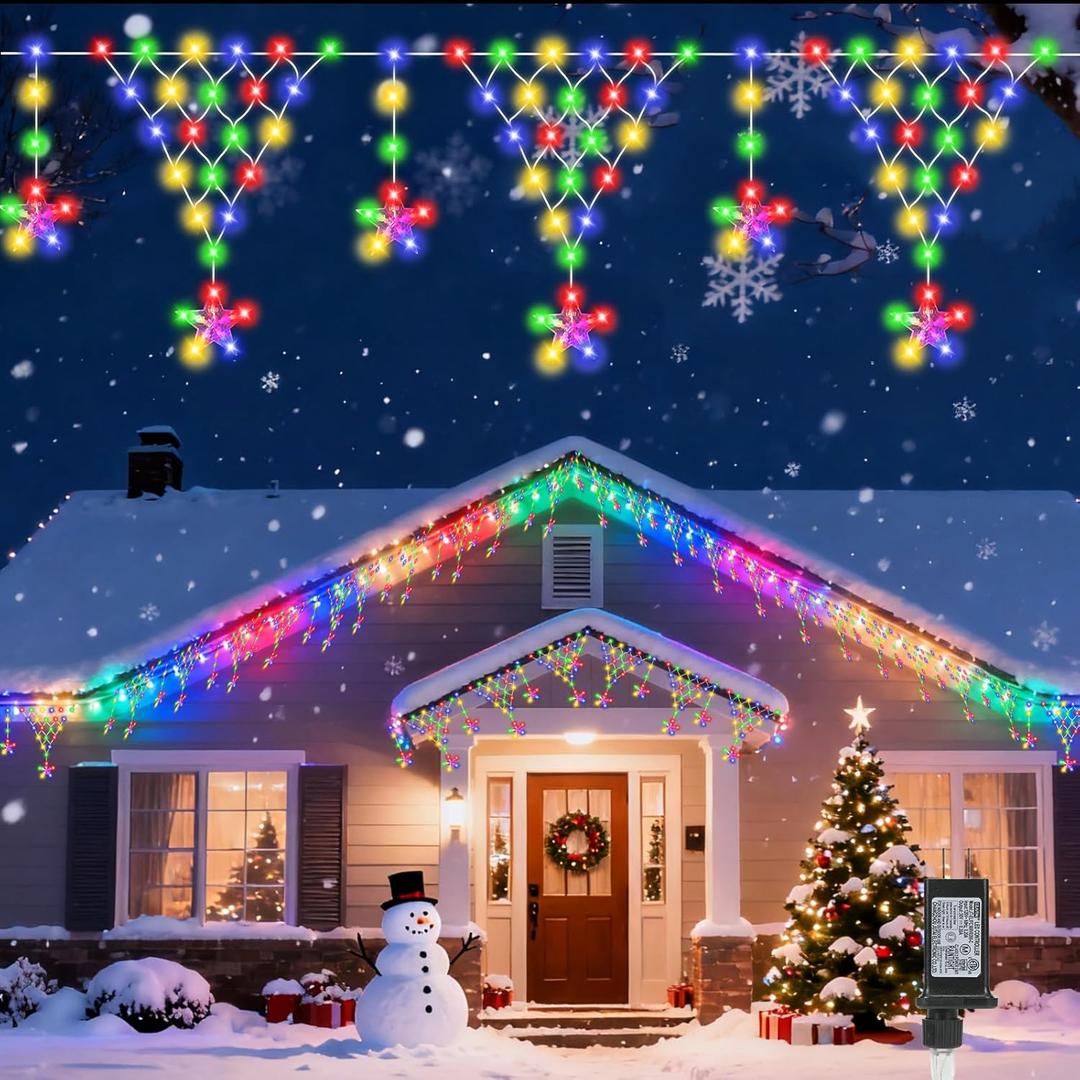 Outdoor Christmas Lights, 218 LED 13.8ft Christmas Curtain Lights, Outdoor Balcony Decorations with 12 Twinkle Star Drops, Waterproof 8 Modes Xmas Decoration for Fence Roof Railing Wall - Multicolor