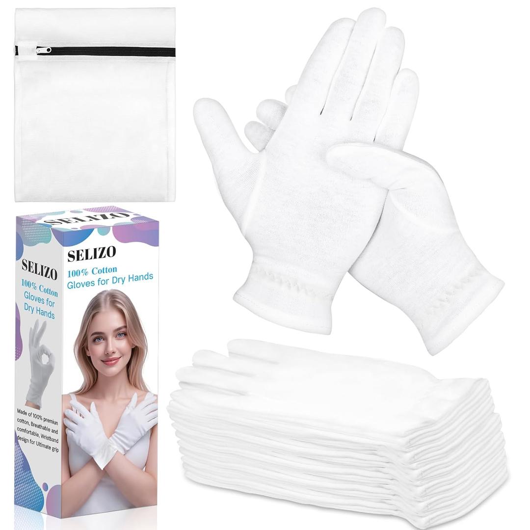6 Pairs 100% Moisturizing Gloves for Dry Hands Overnight, Selizo 10 Pairs White Cotton Gloves for Women Eczema, Hand Moisturizer Sleeping Spa Gloves for Dry Hands Eczema