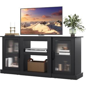 WLIVE Retro TV Stand for 65 inch TV, TV Console Cabinet with Storage, Open Shelves Entertainment Center for Living Room and Bedroom, Black
