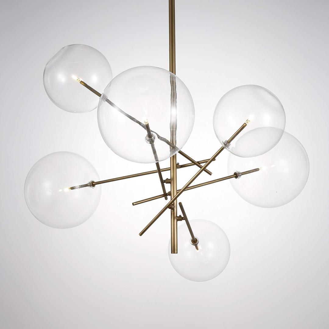 Yosemite Home Decor Klare 6-Light Sputnik Chandelier in Antique Brass Finish with Clear Glass Spheric Shades and Adjustable Arms, 30 x 36.30 x 24.80