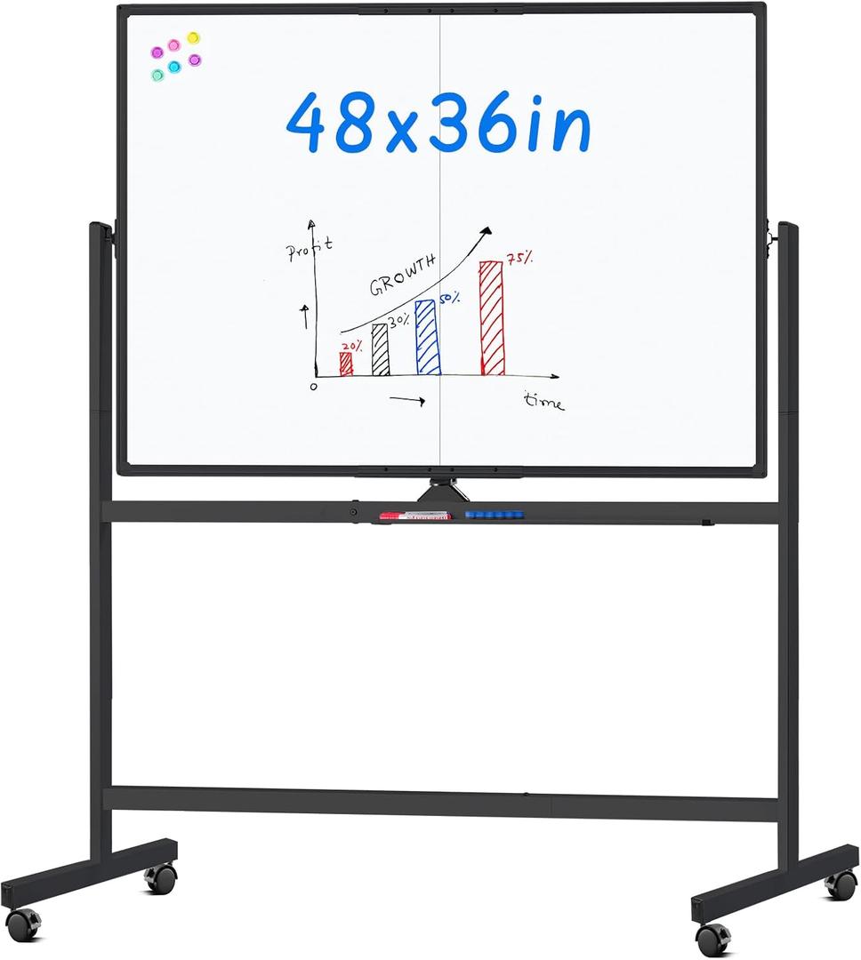 maxtek Rolling Whiteboard, 48x36 Large Magnetic White Board with Stands, Big Double-Sided White Board Dry Erase on Wheels for Homeschool, Home Office, Office, School (Black, 48 x 36)