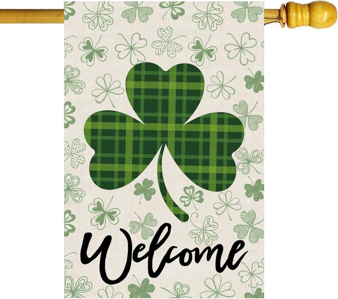 Welcome St. Patrick's Day Green Plaid Shamrocks Clovers House Flag Large Burlap 28X40 Inch Vertical Double Sided Outside Yard Holiday Outdoor Farmhouse Decoration