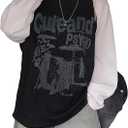 Women Oversized Graphic Shirt Ribbed Patchwork Long Sleeve Y2k Tops Teen Girls Baggy Grunge Clothes (Large, Black White)