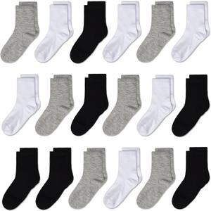 Kids' Socks 18-Pair Pack - Unisex, Breathable Moisture-Wicking Comfortable Fit for School Sports Everyday Wear (10-13 Years, #1 Black*6+light Grey*6+white*6)