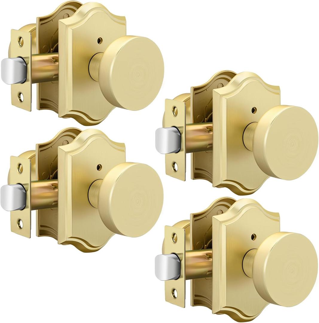 goldenwarm Gold Door Knobs Interior, Zinc-Alloy Heavy Duty Brushed Gold Door Knobs, Privacy Door Knob Interior for Bedroom Bathroom (4 Pack)