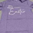 Women’s Purple Happy Easter Graphic T-Shirt, Short Sleeve Bunny Print Tee, Size Small