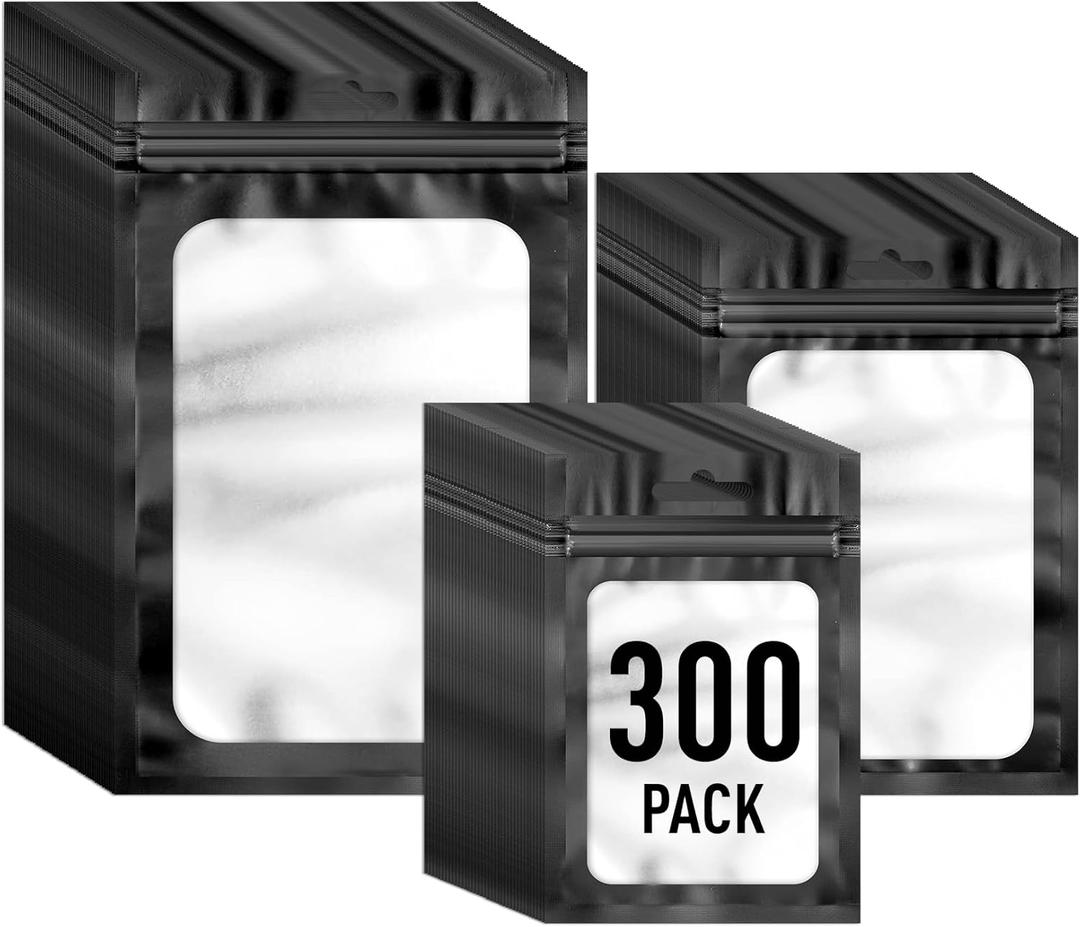 300 Pack 3 Size Mylar Resealable Bags with Front Window, Packaging Bags Smell Proof Bag Foil Bag Zipper Pouches for Jewelry, Sample, Food Storage(Black,3x4.7in,4x6in,4.7x7.9in), Black 