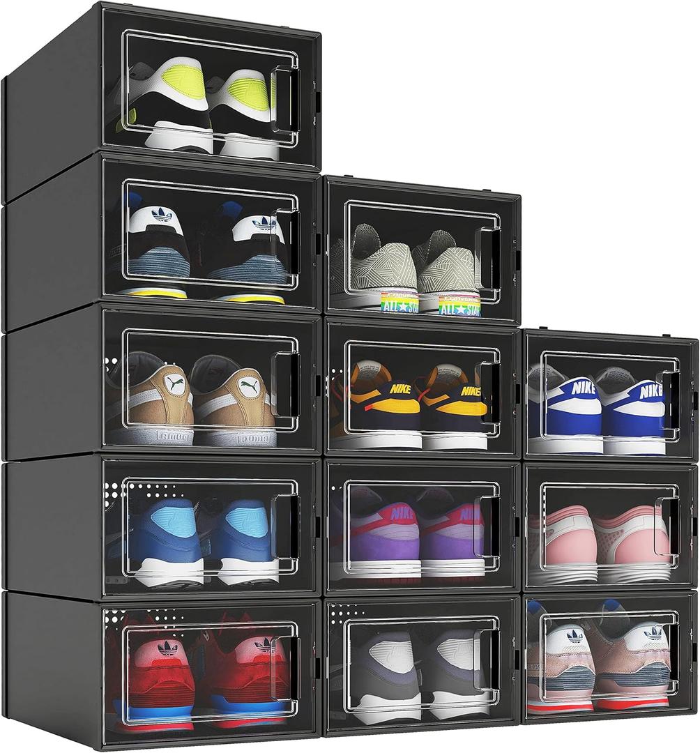 12 Pack Shoe Organizer Boxes, Black Plastic Stackable Shoe Storage Bins For Closet, Space Saving Shoe Holder Sneaker Display Case for Medium Size Shoes