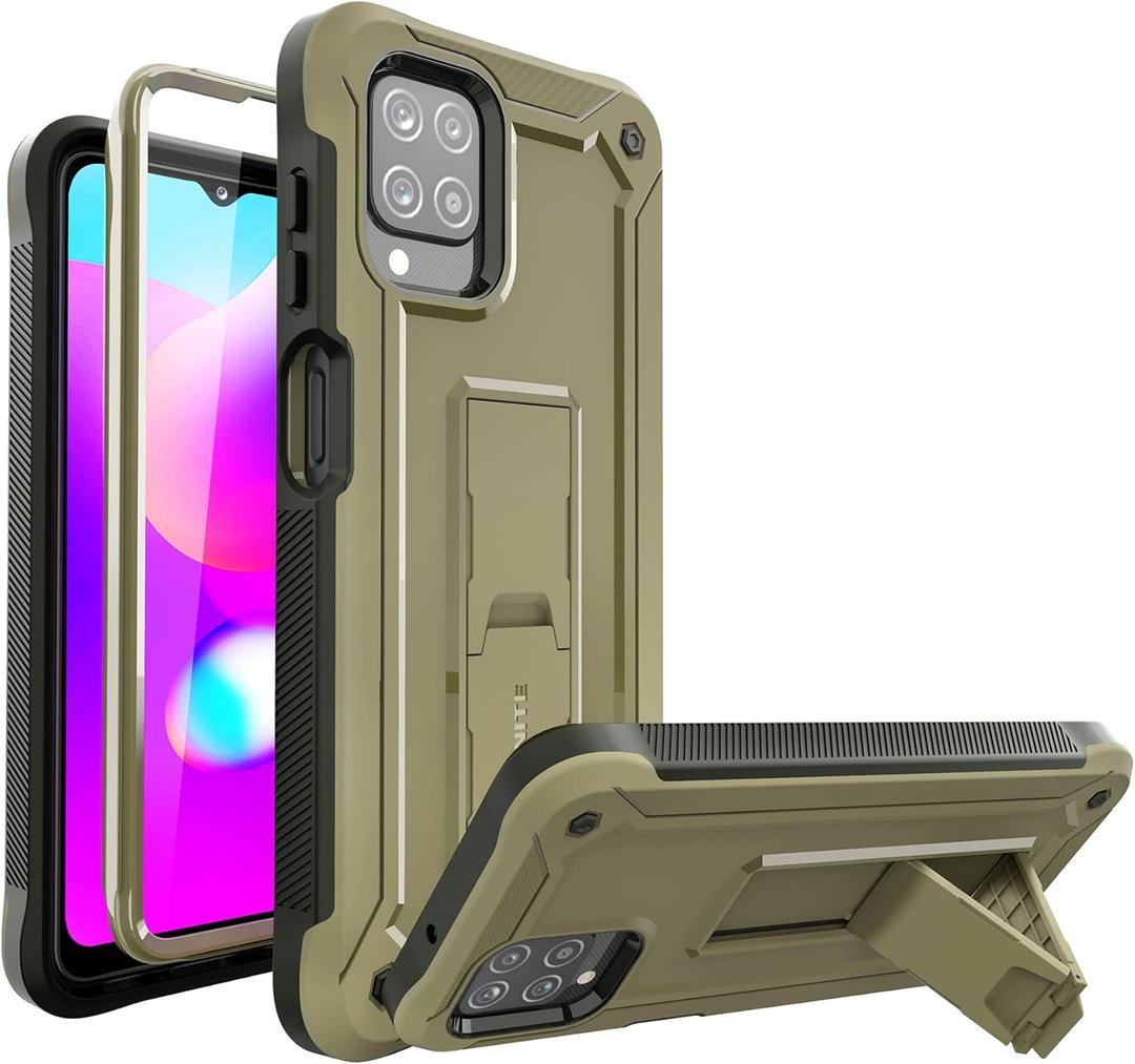 URBANITE Case for Samsung Galaxy A12 with Built-in Screen Protector, Dual Layer Shockproof Protective Phone Case, Military Grade Heavy Duty Cover Case with Kickstand (Army Green)