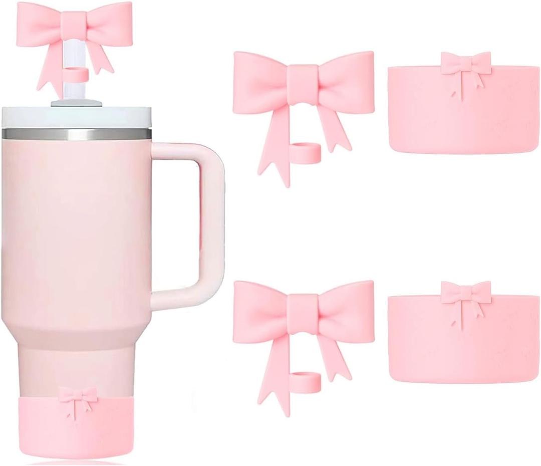 Stanley Cup Accessories Set, Include 2 Pcs Silicone Bow Straw Covers Cap Toppers for 0.4 in/10mm Straws, 2Pcs Bow Silicone Boots for Stanley Cups 40oz & 30oz Tumbler (Pink)