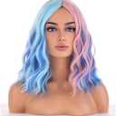 BERON Blue and Pink Wigs for Women Short Curly Bob Wavy Wig Girls Colorful Body Heat Resistant Synthetic Hair Wig Cosplay Daily Party Wigs