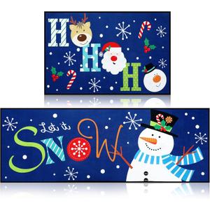 Ceenna 2 Pcs Winter Blue Snowman Rug Decorative Kitchen Doormat Let It Snow Doormat Set Winter Washable Non Slip Floor Rugs Christmas Santa Claus Floor Mat for Front Porch Door Bathroom