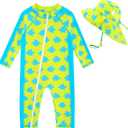 UNIFACO Baby Boy Swimsuit UPF 50+ Sun Protection One Piece Zip Bathing Suit with Sun Hat Infant Sunsuit Swimwear (3-6 Months, A-yellow-fish)