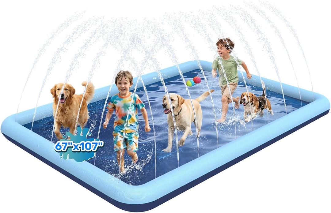 107"x 67" Splash Pad for Dogs, Non-Slip, Rantangle Splash Pad for Kids Ages 4-8, Large Splash Pads for Toddlers 1-3, Dog Sprinkler Shallow Pool, Outdoor Water Toys for Backyard, Teal