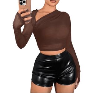 Verdusa Women's Y2k Mesh Long Sleeve Crop Tops Asymmetrical Neck Ruched Fitted T Shirts Chocolate Brown, Small
