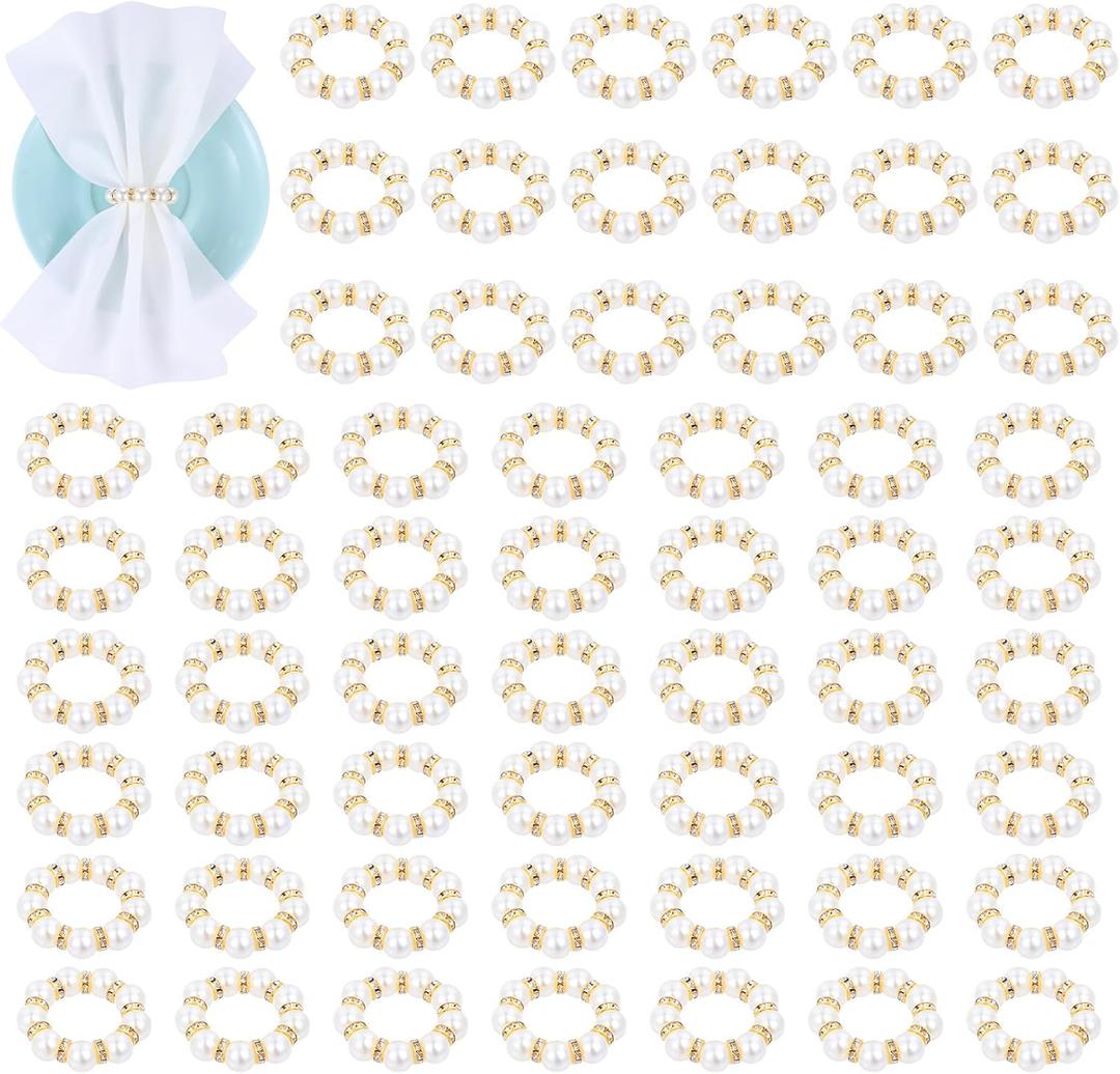 Pearl Napkin Rings 60Pcs, Elegant Rhinestone Imitation Beaded Serviette Buckles, Imitation Pearl Ring Napkin Ring Holder, for Cloth Napkins for Wedding Party Banquet Dinner Table Decor and Daily Use