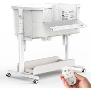 VaVaSoo Electric Rocking Bassinet for Baby 3 Speeds Automatic Bedside Sleeper Auto Rolling Newborn Cradle Rocks Itself 5 Height Adjustable with Music, Wheels, Storage, Grey & White, Crib