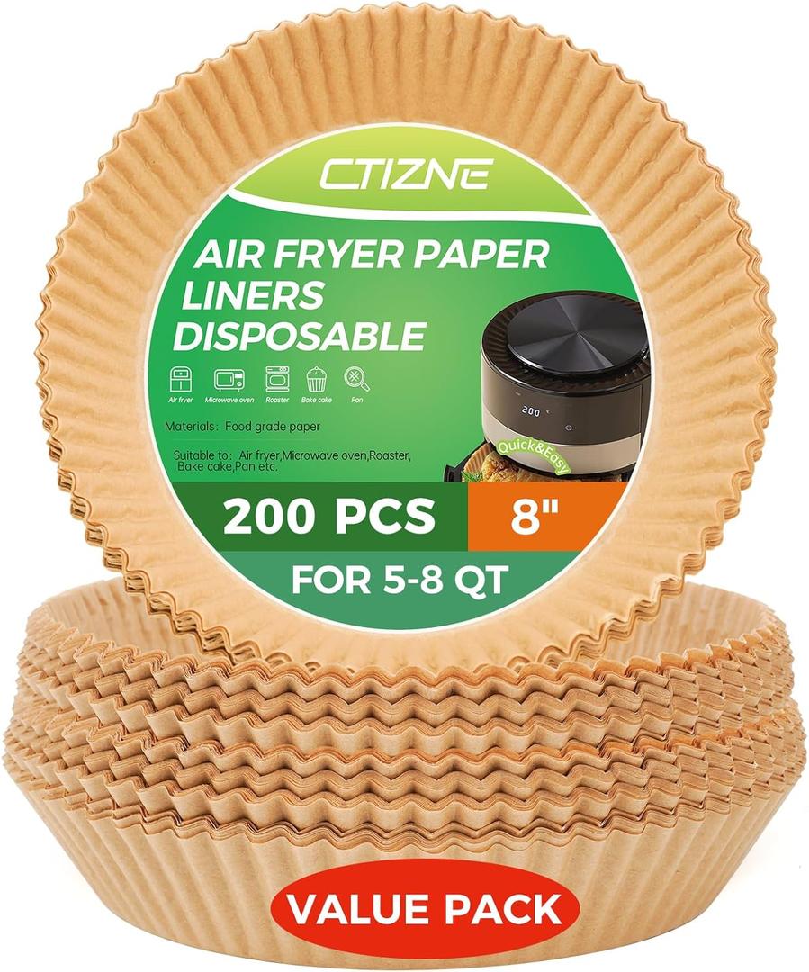 Ctizne Air Fryer Paper Liners Disposable, 200PCS 8inch Airfryer Oven Insert Parchment Paper Sheets Round, Non Stick Food Grade Baking Liner for 8Qt Air Fryer Basket