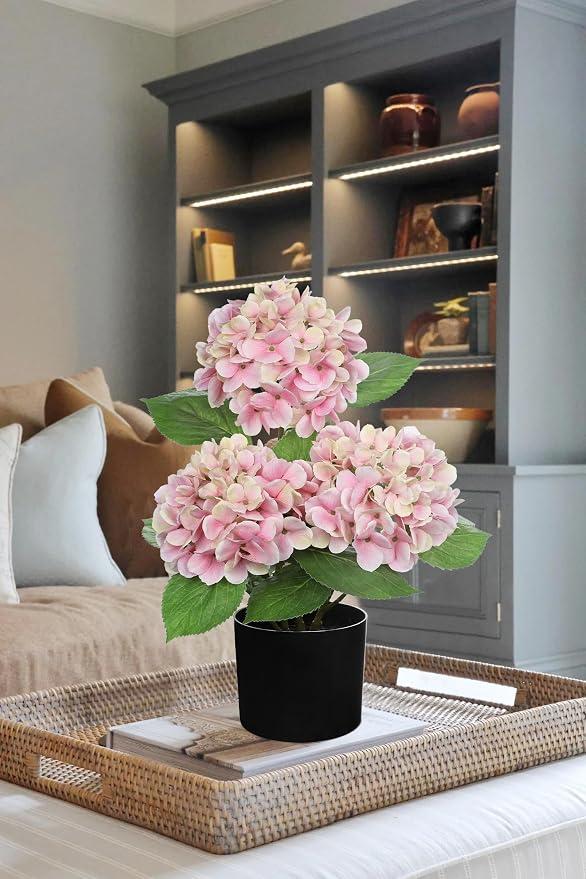 Hollyone Pink Hydrangea Artificial Flowers in Pot Large Silk Hydrangea Flowers Fake Flowers Arrangements for Indoor Home Office Kitchen Table Centerpieces Wedding Decorations