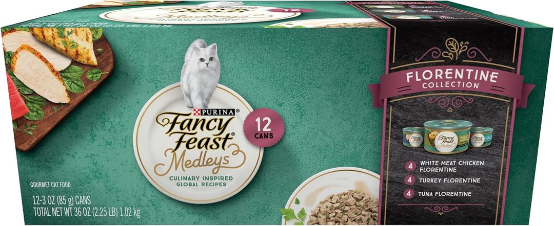 Purina Fancy Feast Wet Cat Food Medleys Florentine Wet Cat Food Variety Pack - (2 Packs of 12) 3 oz. Cans (EXP 04/01/28)
