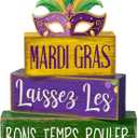 4 Pcs Mardi Gras Table Decorations Wooden Mask Purple Golden Green Carnival Tiered Tray Decor Mardi Gras Centerpieces Decorative Mask Block Signs Gifts for Masquerade Party Home Kitchen