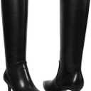 wetkiss Low Heel Knee High Boots for Women Regular Calf Friendly Side Zipper Almond Toe Faux Leather Comfortable Boots for Walking, Dancing, Standing for Long Periods With No Pain (7.5)