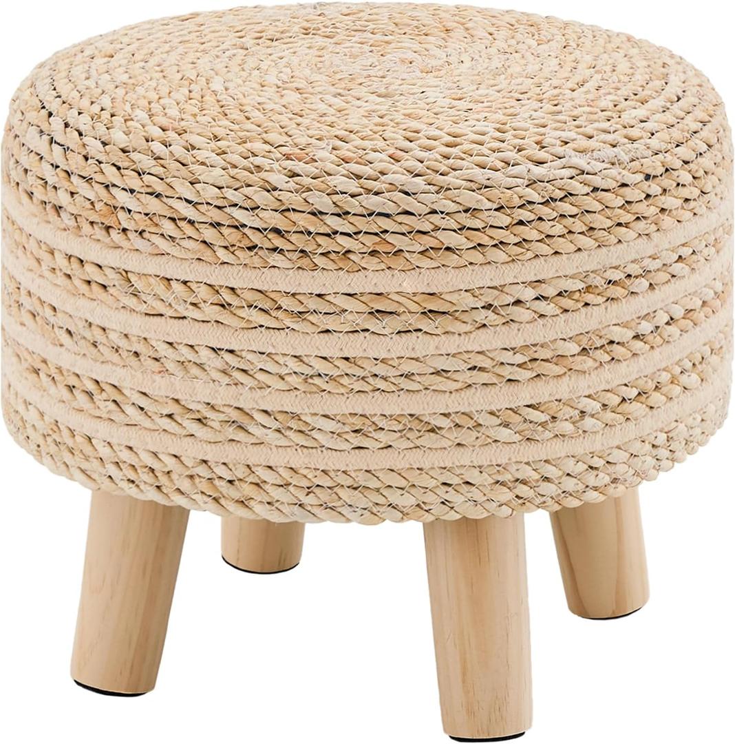 Cpintltr Round Seagrass Ottoman Footstool Handwoven Water Hyacinth Pouf with Solid Wood Legs Shoe Changing Stool Sturdy & Stylish Footrest for Living Room Balcony or Garden Beige