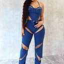 Denim 2 Piece Outfit for Women Sleeveless Cropped Tank Top Bodycon Pants Set Sexy Jean Hollow Out Party Club Tracksuit (Blue, M)