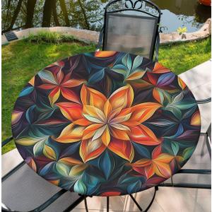 Boho Round Table Cover, 52 Inch Fitted Round Tablecloth Waterproof Table Cloth with Elastic Edge Wipe Clean Table Cover for Indoor Outdoor, 46"-50"