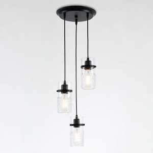 3 Light Pendant Lighting, Adjustable Hanging Light Fixture with Clear Hammered Glass Shade, Light Fixtures Ceiling Hanging for Kitchen Dining Room Kitchen Island, Black.