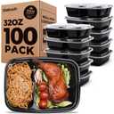 100 Pack (200-Piece)32 oz Meal Prep Containers,2-Compartment Reusable Food Storage Containers with Lids,Microwave Freezer Dishwasher Safe,Sturdy Leakproof&BPA Free Bento Box for To Go Take Out