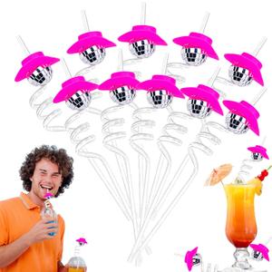 10 PCS Mirror Disco Ball Straws, Mini Cowgirl Hat Bend Disco Straw, 70s Disco Party Decorations, Disco Pink Cowboy Decorative Straws, Cocktail Straws for Dance Holiday Wedding Bachelorette Supplies