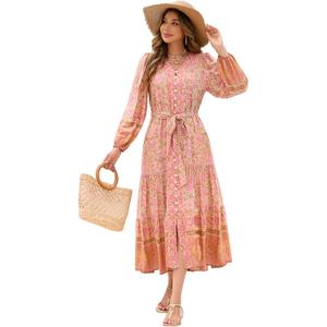 R.Vivimos Women's Long Sleeve Boho Midi Dress V Neck Floral Print Casual Button Down Loose Ruffle Beach Long Dress with Belt (L)