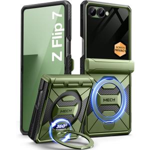 TONGATE 360 Spin Magnetic Stand for Z Flip 7 Case with Privacy Screen Protector, [Compatible with Magsafe] [Anti Spy] Full-Body Shockproof Samsung Galaxy Z Flip 7 Case with Hinge Protection, Green