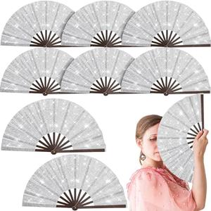 Wenqik 7 Pcs Large Glitter Rave Fan Decoration Foldable Bamboo Folding Hand Foldable Chinese Kung Fu Fan for Home Dance Club Festival Party Stage Performance Decoration(Silver)