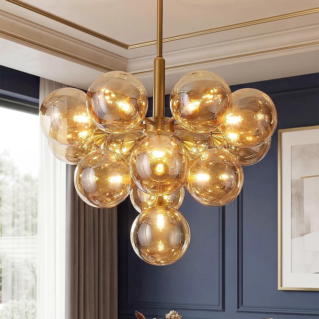 APLampara Mid Century Modern Chandelier 13-Light Sputnik Gold Pendant Lighting Fixture with Amber Shade for Dining Room, Kitchen Island, Bedroom, Living Room