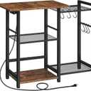 HOOBRO Bakers Rack with Power Outlet, Microwave Stand with Pots Rack, Kitchen Stand, Coffee Bar Table with 6 S Hooks, Kitchen Utility Storage Shelf for Spices, Pots, Black and Rustic Brown BF15UHB01G1