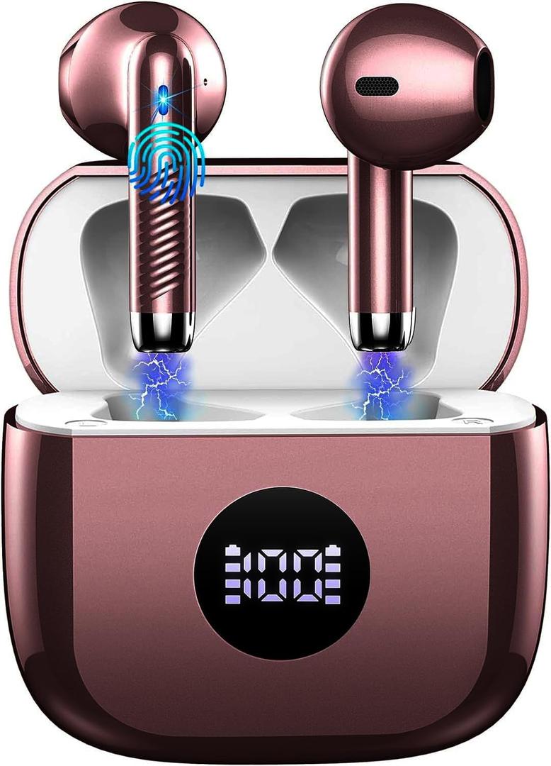 Wireless Earbuds, Bluetooth 5.4 Ear Buds LED Power Display Headphones Bass Stereo, Bluetooth Earbuds in-Ear Noise Cancelling Mic, 40H Playback Mini Case IP7 Waterproof Sports Earphones for Android iOS (Rose Gold)