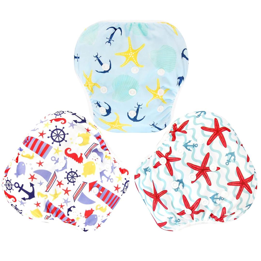 Langsprit 3 Pack Swim Diaper for Baby & Toddle, Reuseable Washable Diaper Swim for Swimming Lesson & Baby Shower Gifts (S, Sailing)