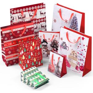 24 PCS Christmas Bags for Wrapping Holiday Gifts,Hot Stamping Foil Festival Bag Bulk Set with Snowman, Reindeer,Christmas Stocking/Cane/Tree, Snowflake, Gin Design - 6 X-Large,6 Large,6 Medium,6 Small (24 Count (Pack of 1))