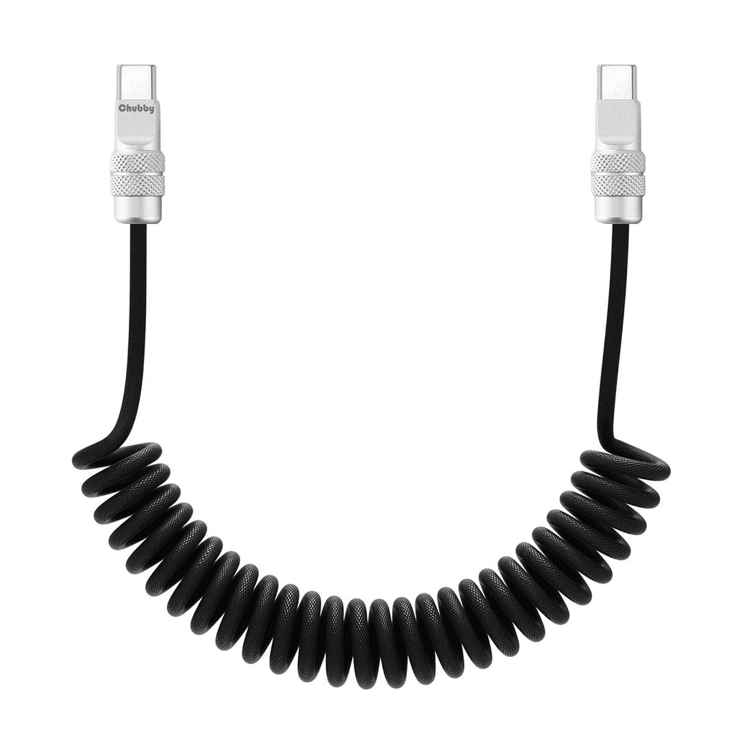 chubbycable Curly Chubby 240W Coiled USB C Fast Charging Cable Durable Braided Retractable Charger Cord for Car Compatible with iPhone 17-15 Series iPad, Black, Type-C to Type-C, 6FT